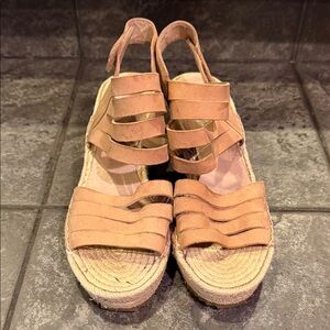 Eileen Fisher Tan Leather Strappy Espadrille Wedge Sandals